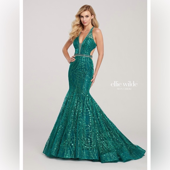 Ellie Wilde Teal Sequin Prom Dress - Picture 4 of 7